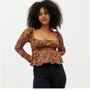 Urban Outfitters Ava Smocked Heart Leopard Print Blouse Size M